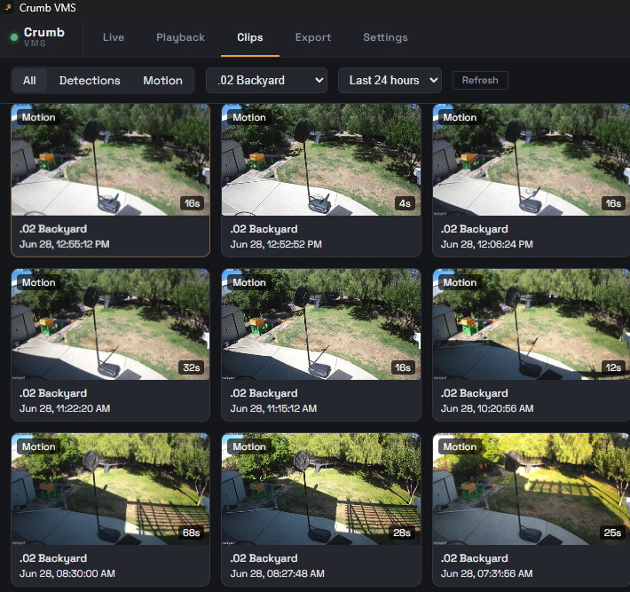 Crumb desktop client showing the Clips view for the Backyard camera. A grid of nine motion clips from the last 24 hours, each thumbnail with a recording icon and timestamp.