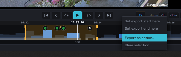 Timeline detail. Selection highlighted in amber between 16:22 and 16:24 with two detection icons (shield badges and a person glyph), right-click context menu with Set export start here, Set export end here, Export selection, Clear selection.