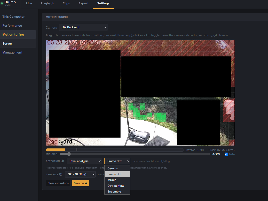 Motion tuning panel. Live camera preview with drawable exclusion zones over trees and edges, grid overlay, detector picker (Census, Frame diff, MOG2, Optical flow, Ensemble), grid size and threshold sliders.