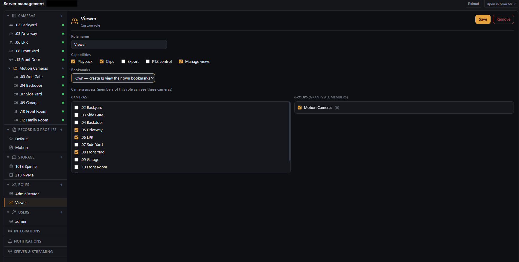 Server management. Left sidebar shows Cameras with online status, a Motion Cameras group, Recording Profiles (Default, Motion), Storage volumes (16TB Spinner, 2TB NVMe), Roles (Administrator, Viewer), Users, Integrations, Notifications, and Server & Streaming. The main panel shows a custom Viewer role with capability checkboxes and per-camera access.