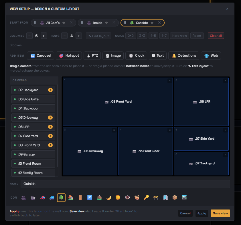 View Setup dialog. Designing a custom layout with 6 panes assigned to cameras (Front Yard, LPR, Driveway, Front Door, Side Yard, Backyard), columns and rows controls, quick-layout presets, and an icon picker.